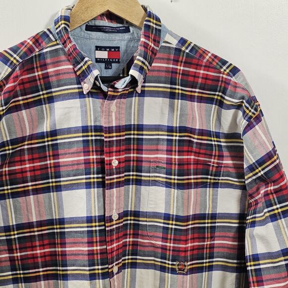 Vtg Tommy Hilfiger Button Down Green Red Plaid Shirt Sz L 90s Classic Preppy - Picture 2 of 5